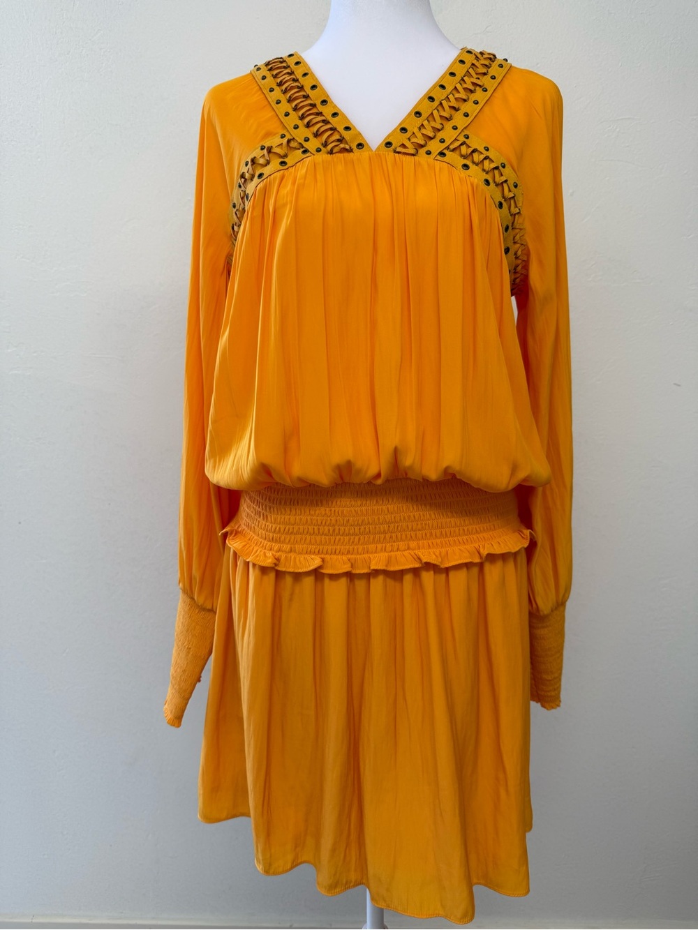 Ramy Brook “Kelly” Dress Golden Orange V-Neck Long Sleeve